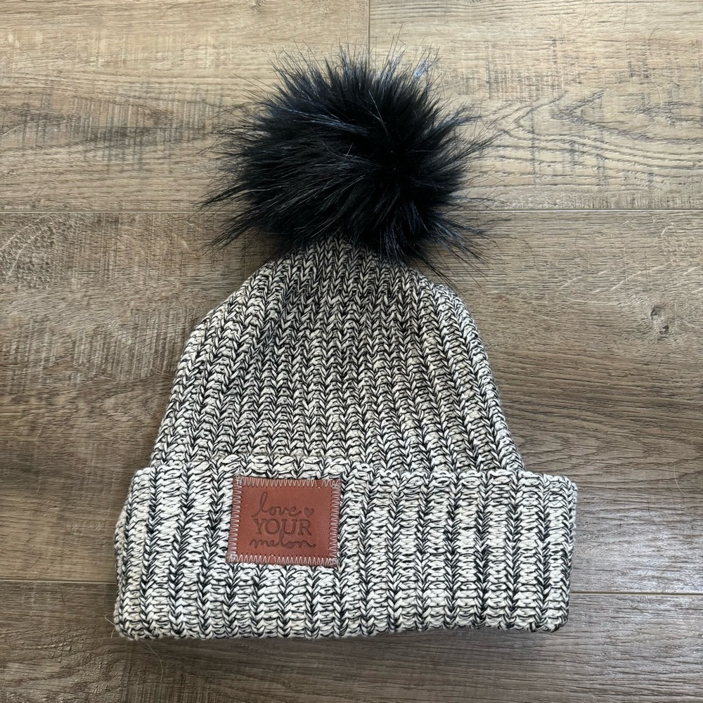 Love Your Melon Beanie Cuffed Style Black and white Black Puff Ball